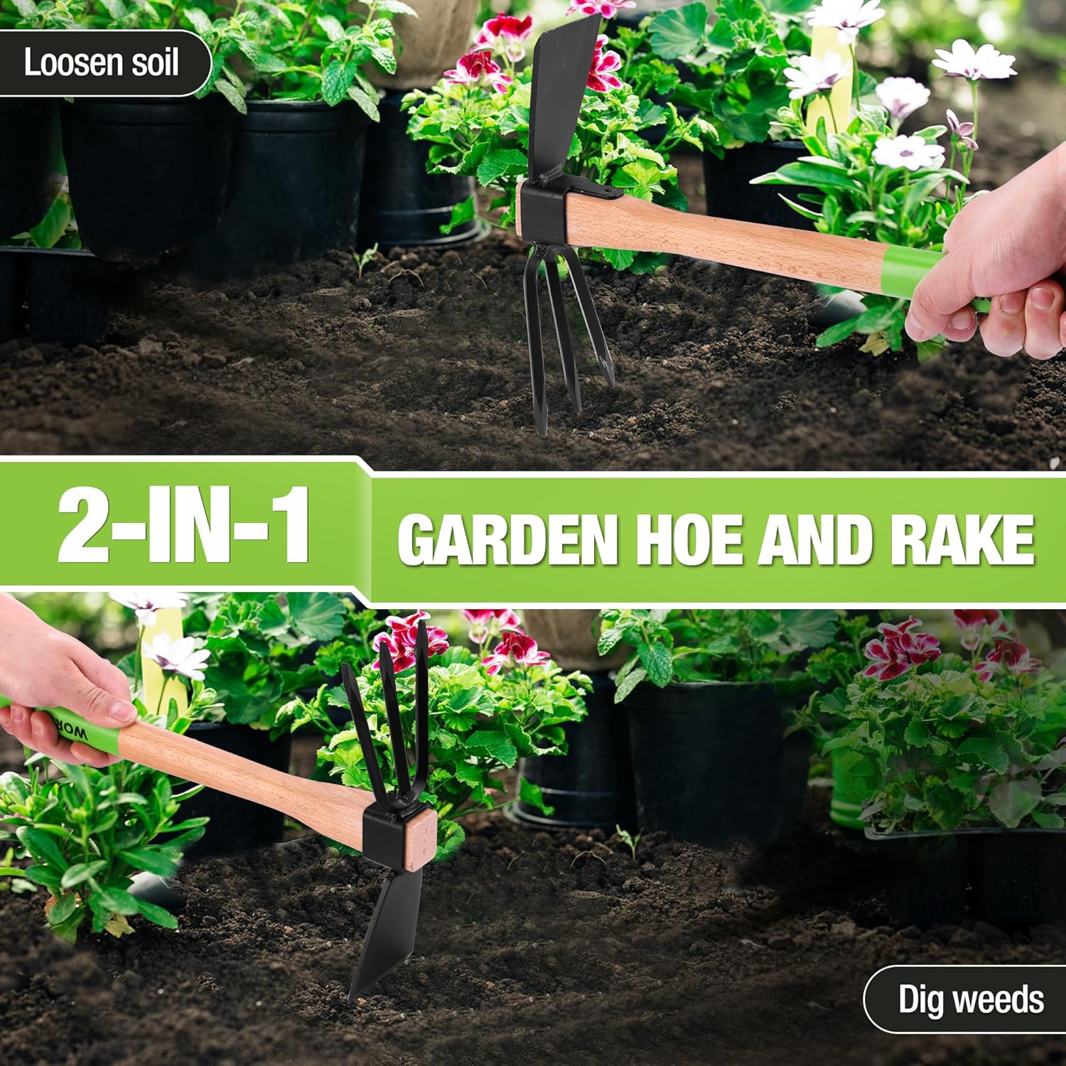 Green 14 WORKPRO Hoe and Cultivator Garden Rake with 14 Wooden Handle, Sharp Hoe Blade & Sturdy 3 Claw Tiller, 2-in-1 Heavy Duty Gardening Hand Tools for Digging, Loosening Soil, Weeding, Cultivating